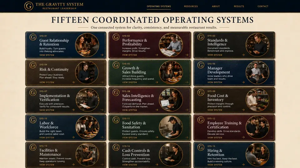 Fifteen coordinated leather-and-gold Gravity operating systems with restaurant photography