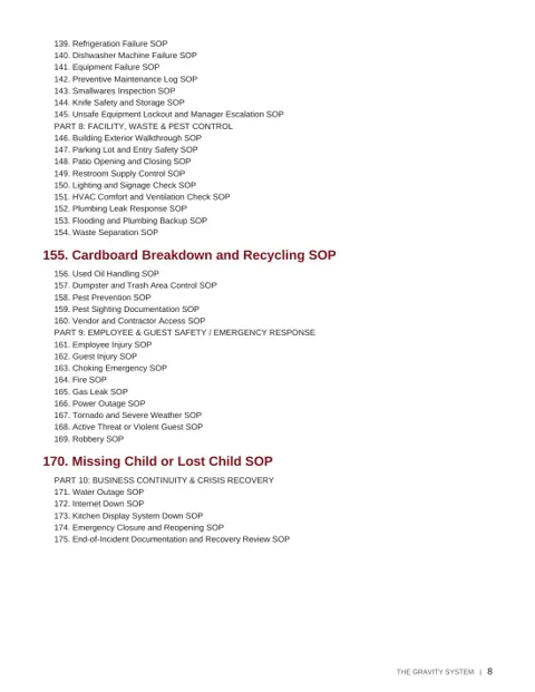 The Gravity Restaurant SOP Library - Volume 2 sample page: Volume 2 contents
