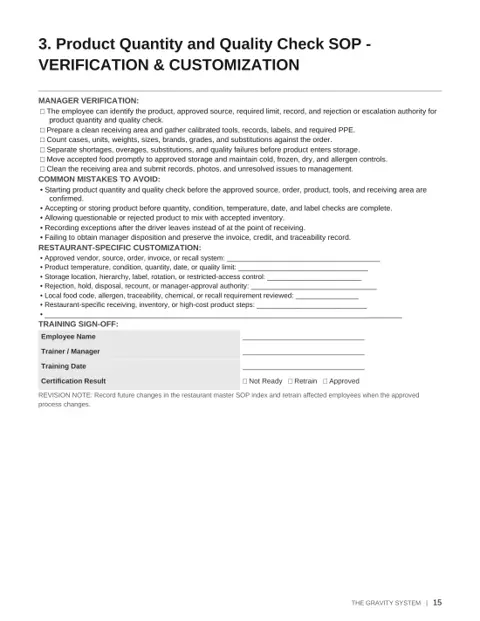 The Gravity Restaurant SOP Library - Volume 2 sample page: Product quantity and quality verification