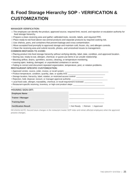 The Gravity Restaurant SOP Library - Volume 2 sample page: Food storage hierarchy verification