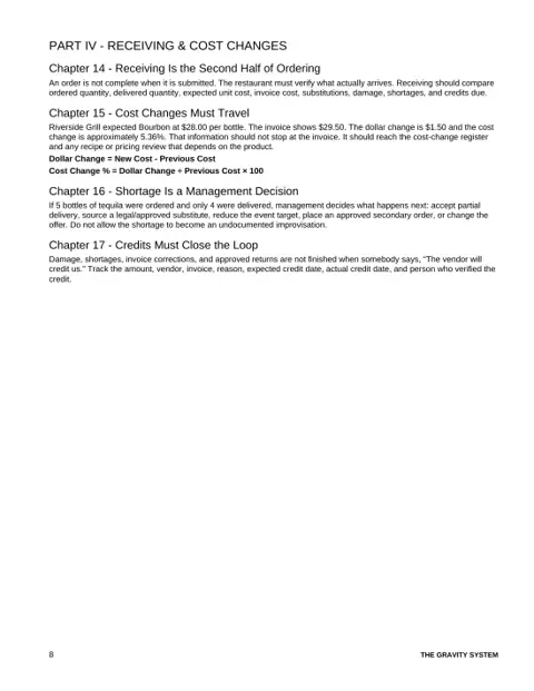 Restaurant Bar, Beverage Inventory & Ordering Book sample page: Receiving and cost changes