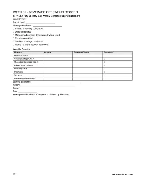 Restaurant Bar, Beverage Inventory & Ordering Book sample page: Weekly beverage operating record