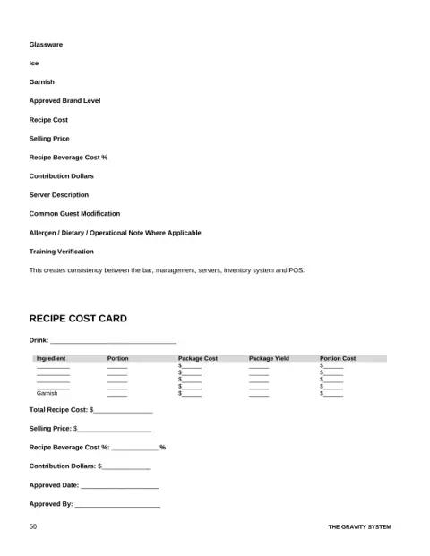 Restaurant Bar, Beverage & Pour Cost Control sample page: Recipe cost card