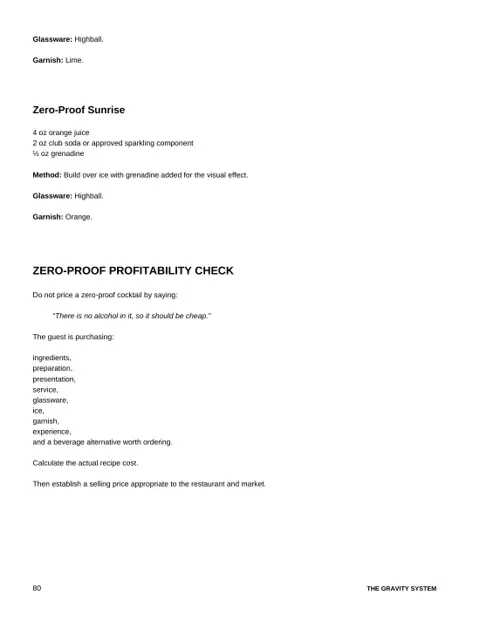 Restaurant Bar, Beverage & Pour Cost Control sample page: Zero-proof recipe and profitability check