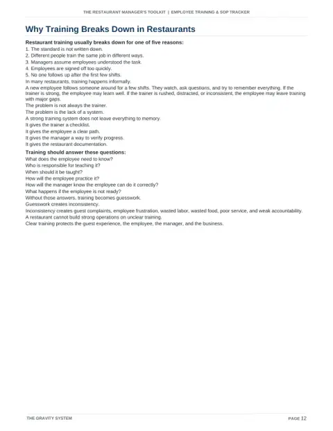 Employee Training & SOP Tracker sample page: Why restaurant training breaks down