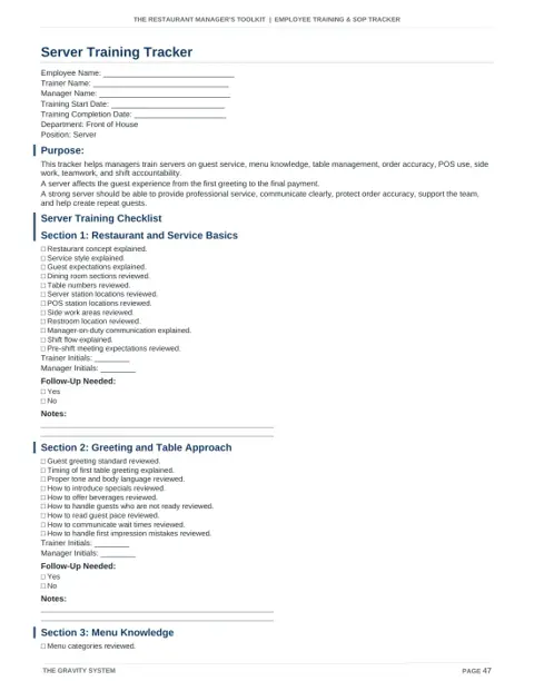 Employee Training & SOP Tracker sample page: Server training tracker