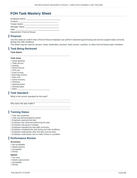 Employee Training & SOP Tracker sample page: FOH task mastery sheet