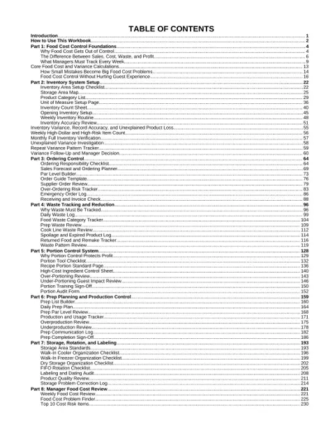 Food Cost, Waste & Inventory Control Workbook sample page: Table of contents