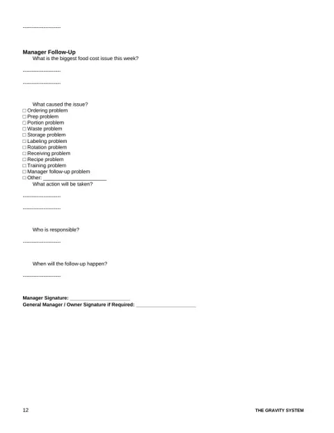 Food Cost, Waste & Inventory Control Workbook sample page: Manager food-cost follow-up