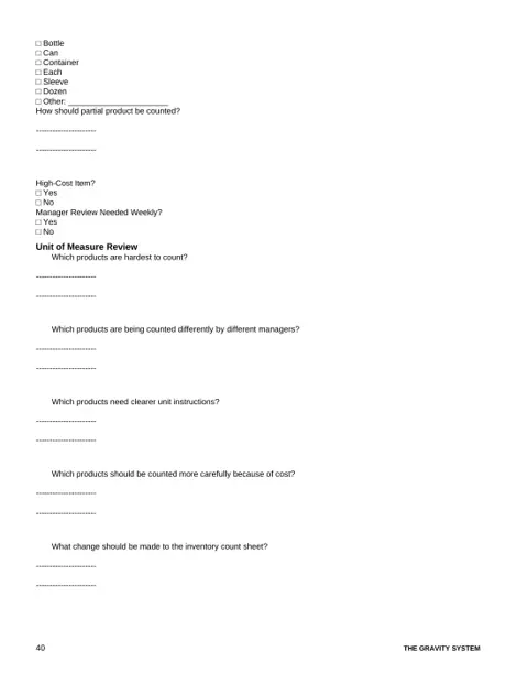Food Cost, Waste & Inventory Control Workbook sample page: Unit-of-measure setup
