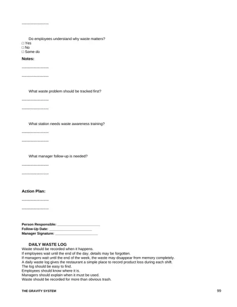 Food Cost, Waste & Inventory Control Workbook sample page: Waste follow-up and daily waste log