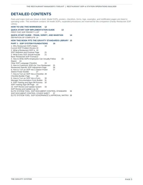 Restaurant SOP & Station Operations Builder sample page: Detailed contents