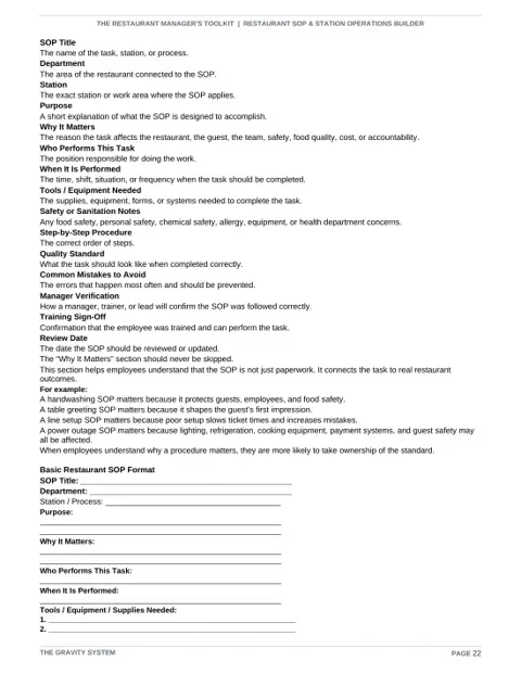 Restaurant SOP & Station Operations Builder sample page: Basic restaurant SOP format