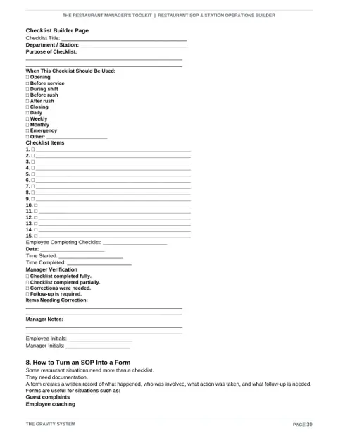 Restaurant SOP & Station Operations Builder sample page: Checklist builder page