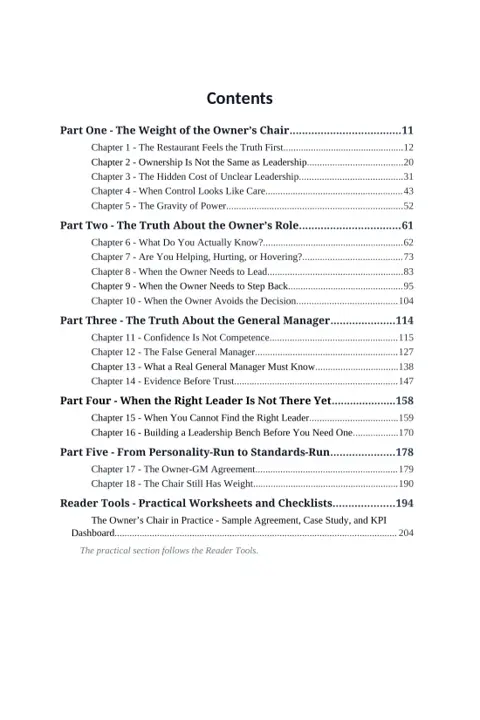 The Owner's Chair sample page: Complete contents