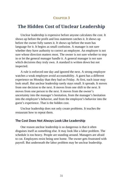 The Owner's Chair sample page: The Hidden Cost of Unclear Leadership