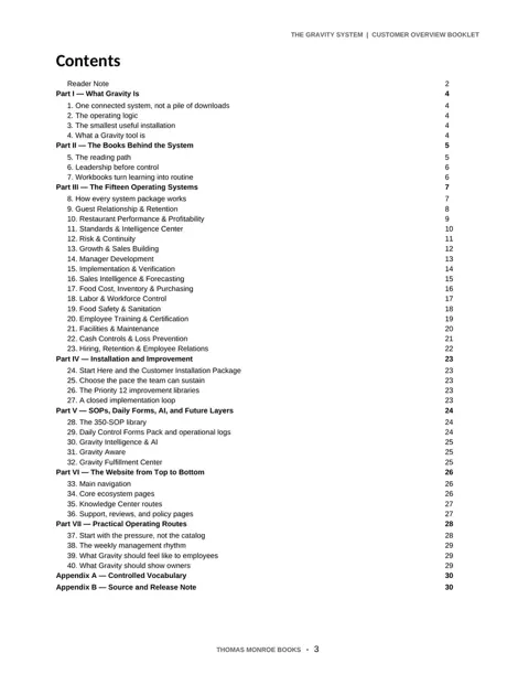 The Gravity System overview booklet table of contents