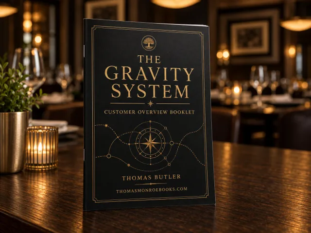 The Gravity System customer overview pamphlet in a warm restaurant setting