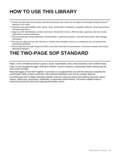 The Gravity Restaurant SOP Library - Volume 1 sample page: How to use the two-page SOP standard