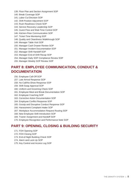 The Gravity Restaurant SOP Library - Volume 1 sample page: Volume 1 contents