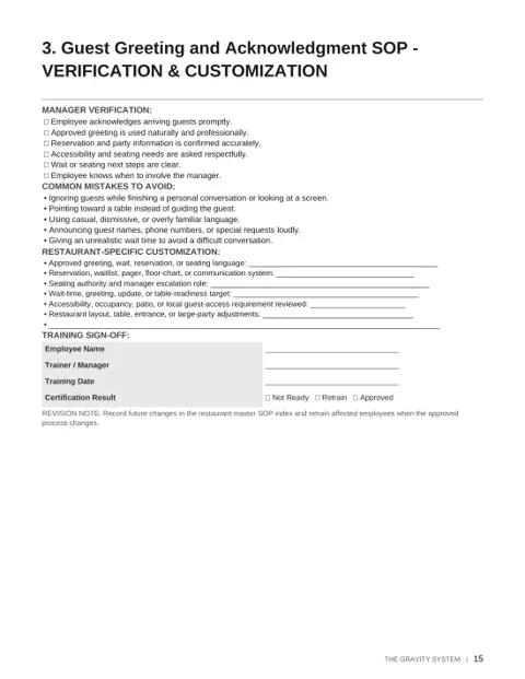 The Gravity Restaurant SOP Library - Volume 1 sample page: Guest greeting verification
