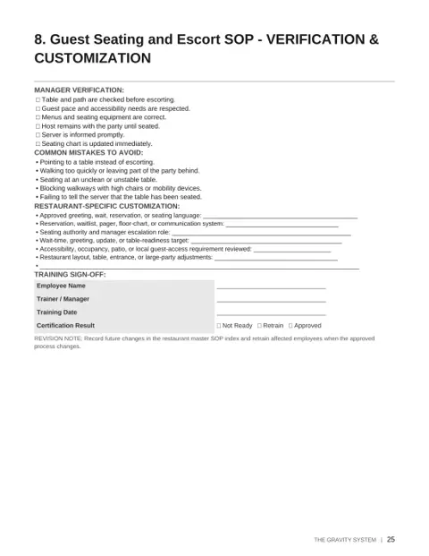 The Gravity Restaurant SOP Library - Volume 1 sample page: Guest seating verification
