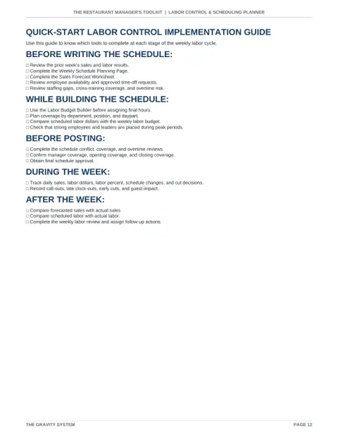 Labor Control & Scheduling Planner sample page: Quick-start labor control guide