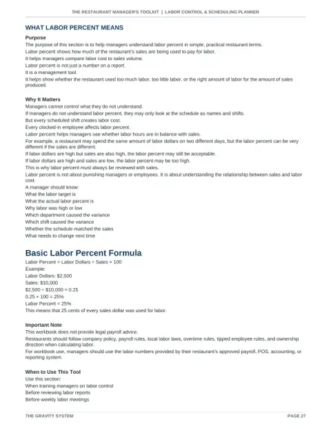 Labor Control & Scheduling Planner sample page: Labor percent explained