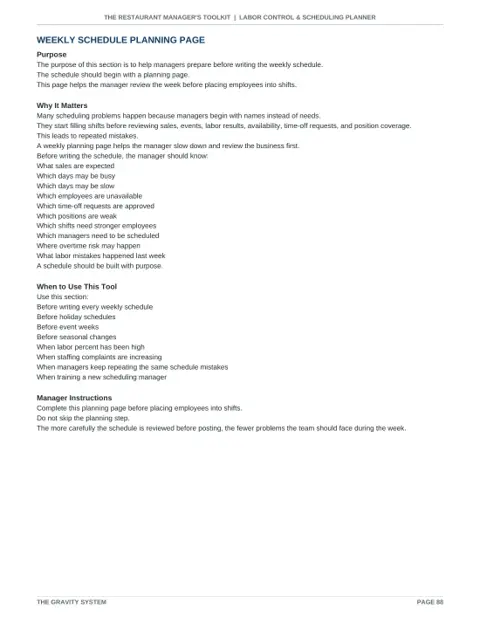 Labor Control & Scheduling Planner sample page: Weekly schedule planning page